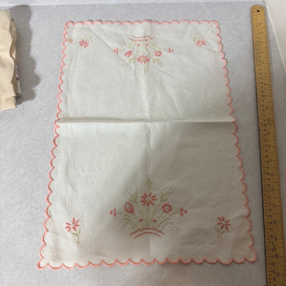Vintage Embroidered Linen Dresser Scarf Pink Floral Scalloped Edge Table Runner
